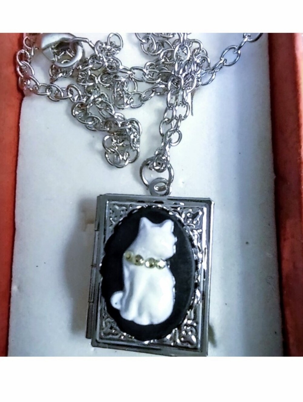 Cat Bookcover Silver Locket Pendant Necklace